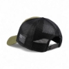 Rear view of olive green and black mesh trucker cap with adjustable snapback closure and American flag patch.