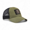 Side view of olive green trucker hat featuring FNH Firearms patch on front and subdued American flag patch on mesh panel.