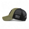 Left side profile of olive green trucker hat showing curved brim and American flag patch on black mesh.