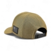 Rear view of tan perforated baseball cap with adjustable black snapback closure and American flag patch.