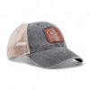 Three-quarter front view of gray denim cap with tan mesh back and brown leather FNH Firearms patch.