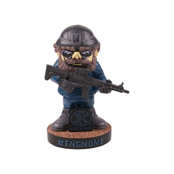 FN PD bobblehead gnome front view holding rifle with FN Firearms base