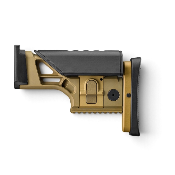 FN SCAR SSR Rear Stock in FDE and black with adjustable buttpad collapsed, side view