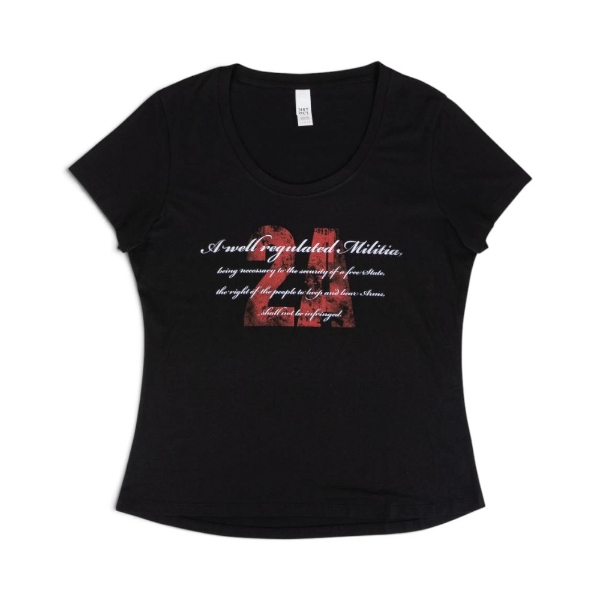 Ladies' 2A Tee in black with red 2A graphic and Second Amendment text, front view